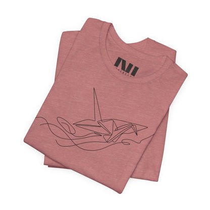 Heather Mauve color t-shirt featuring a black minimalist continuous line art design of an origami paper crane. moebeer #Heather Mauve