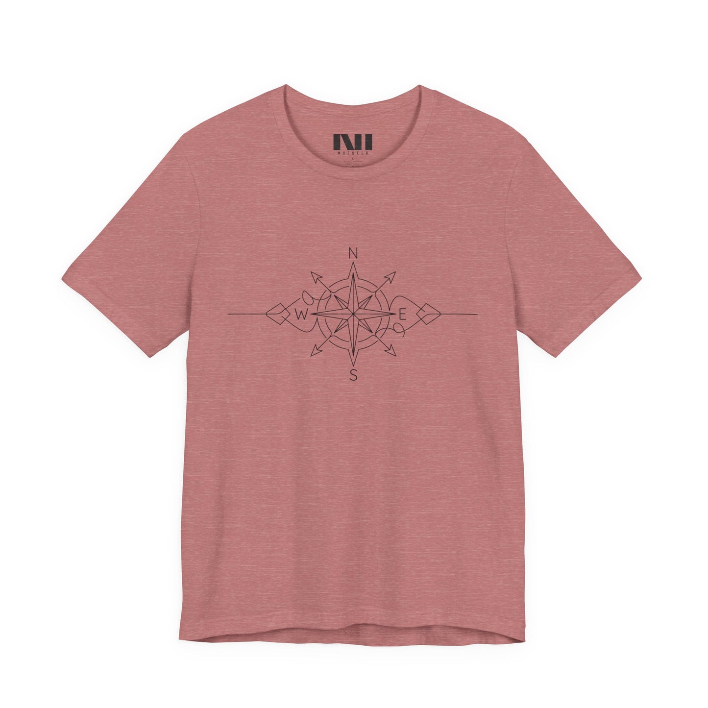 heather mauve color graphic t-shirt featuring a minimalist black line art compass rose design with cardinal direction markers. #Heather Mauve