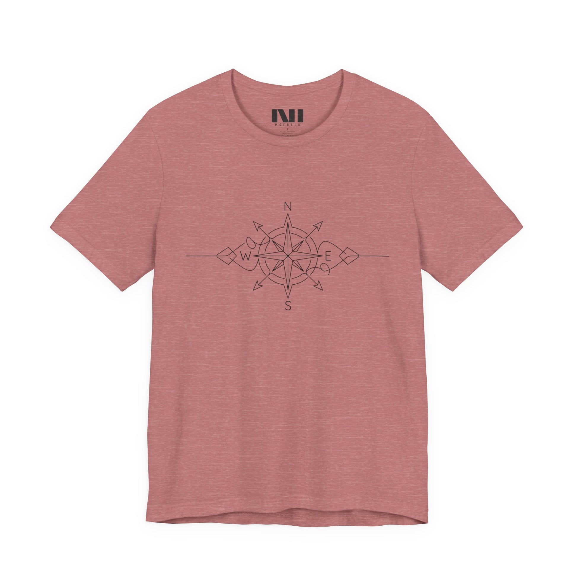 heather mauve color graphic t-shirt featuring a minimalist black line art compass rose design with cardinal direction markers. #Heather Mauve