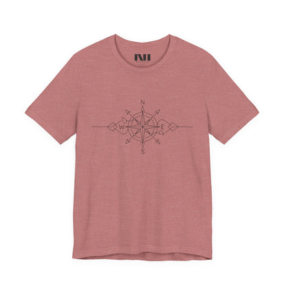 heather mauve color graphic t-shirt featuring a minimalist black line art compass rose design with cardinal direction markers. #Heather Mauve