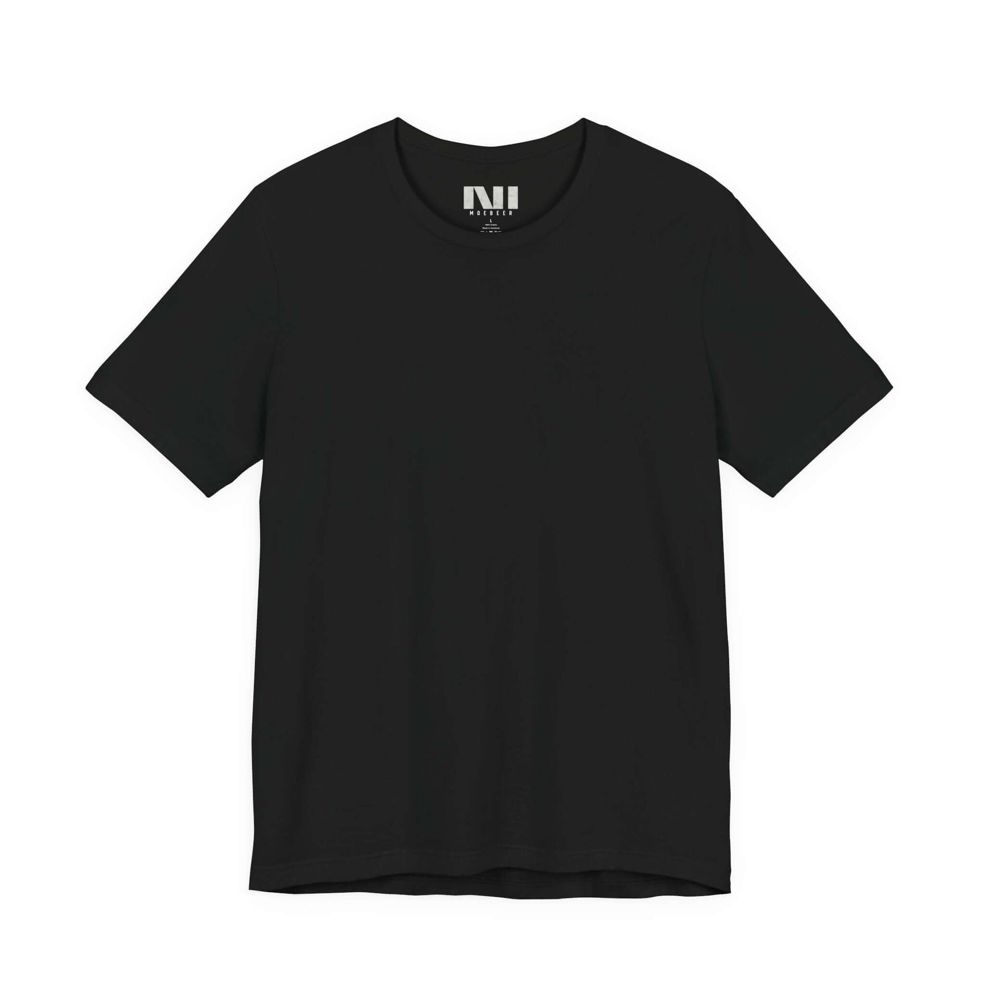 Tailored fit black 100% Airlume cotton t-shirt front view by MOEBEER, lightweight crew neck everyday tee