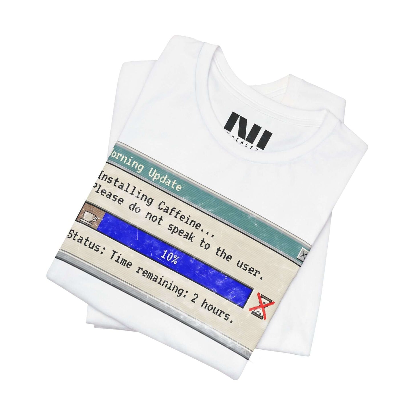 folded White graphic t-shirt featuring a retro computer "Morning Update" progress bar design with the text "Installing Caffeine... Please do not speak to the user." #White