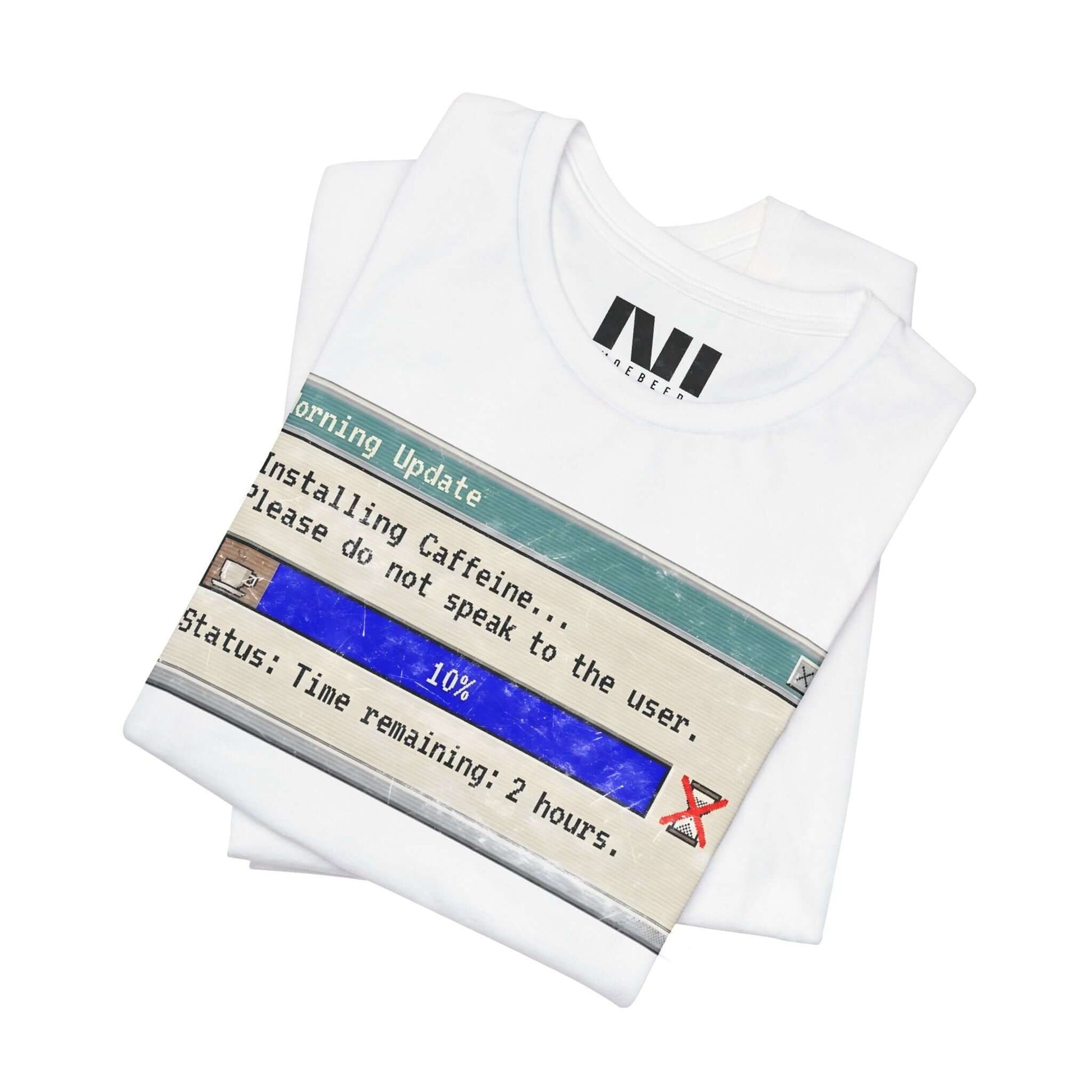 folded White graphic t-shirt featuring a retro computer "Morning Update" progress bar design with the text "Installing Caffeine... Please do not speak to the user." #White
