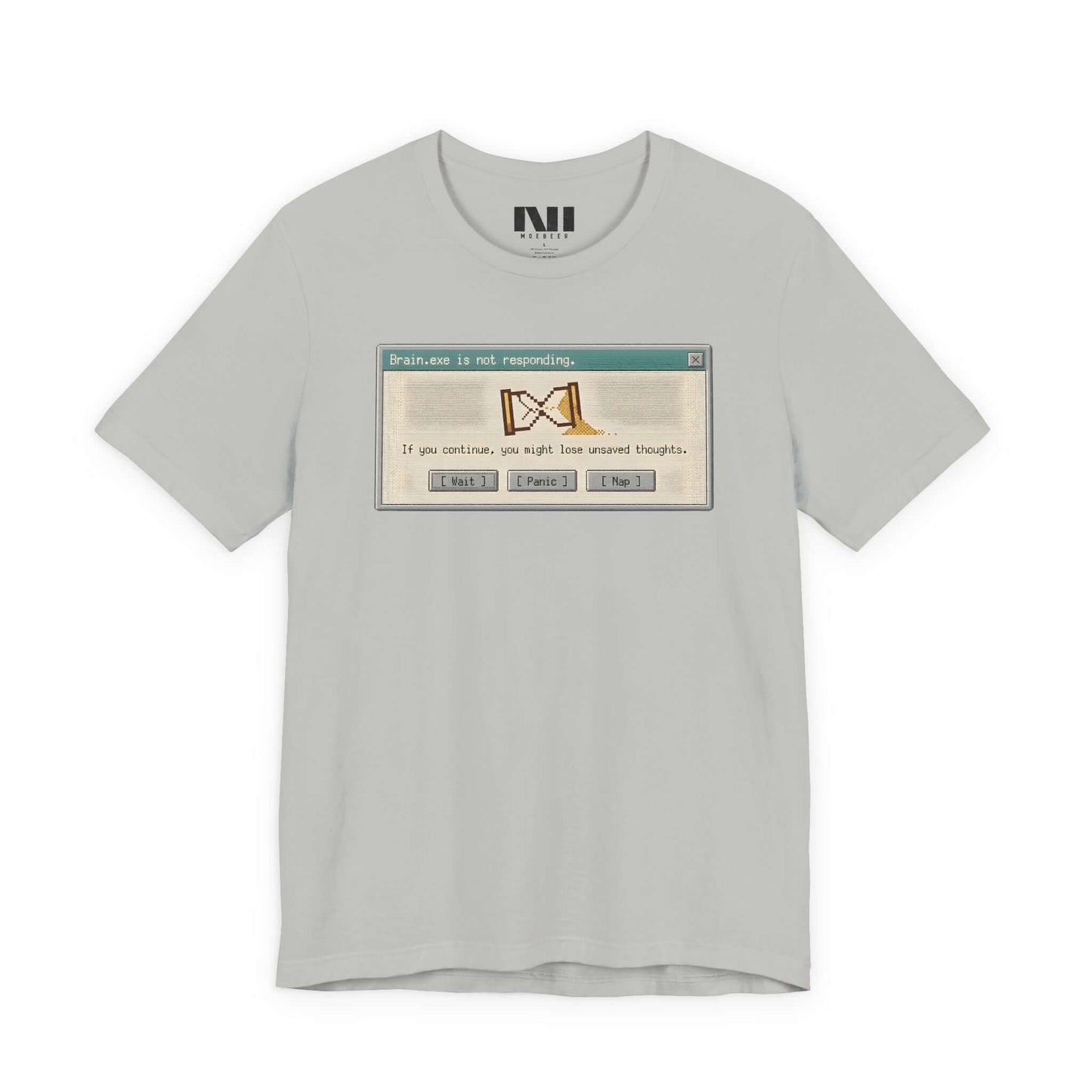 t-shirt with a black graphic of a rectangular system dialogue box reading "Attention: Not Responding." #Athletic Heather
