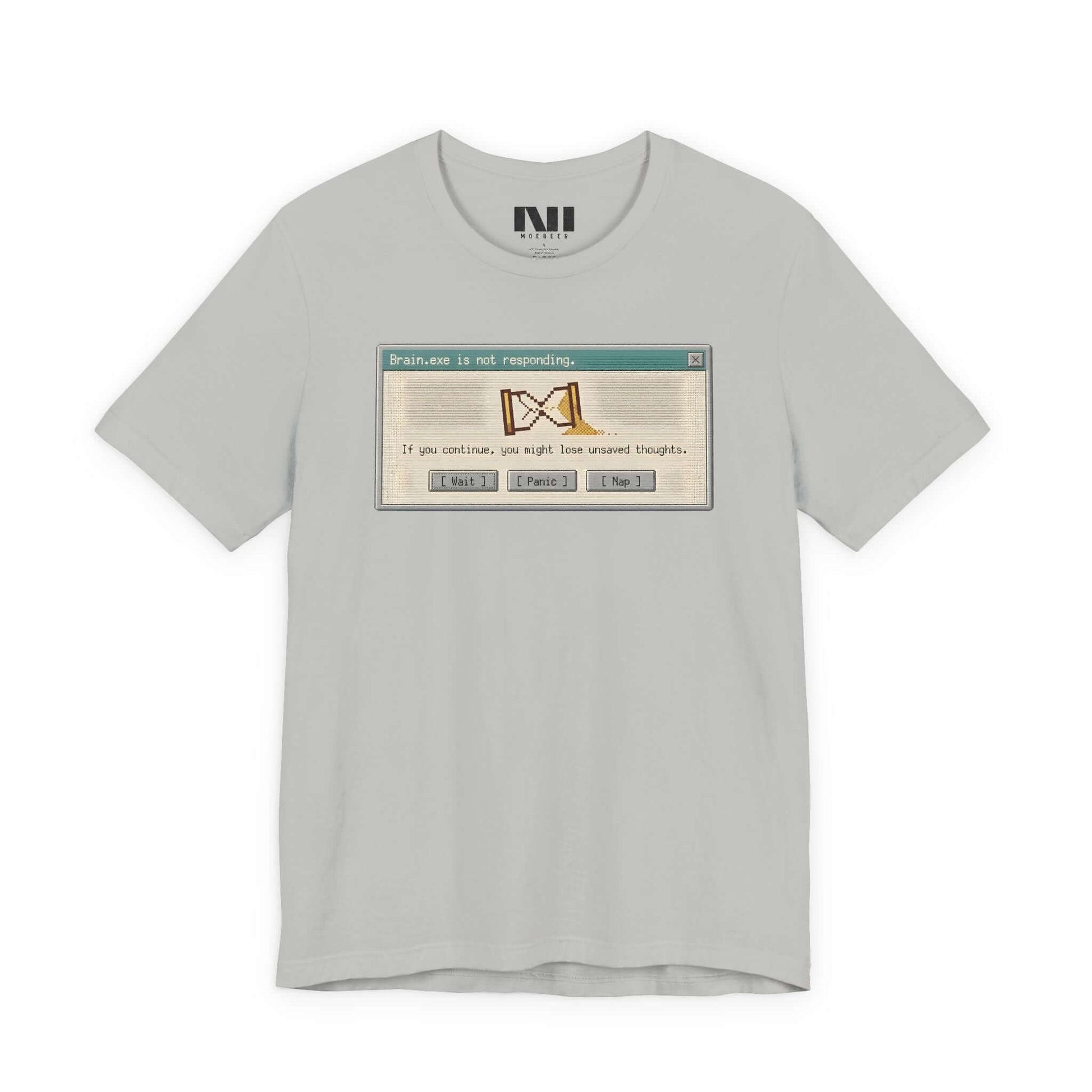 t-shirt with a black graphic of a rectangular system dialogue box reading "Attention: Not Responding." #Athletic Heather
