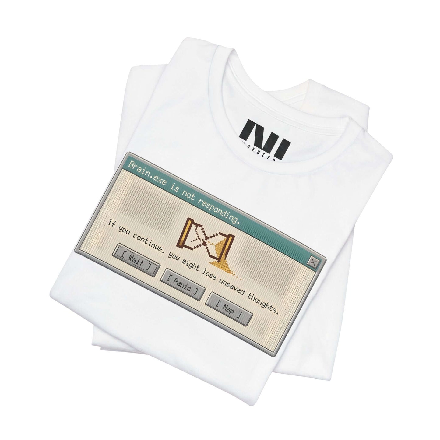 t-shirt featuring  computer error message box with the text "Attention: Not Responding" centered on the garment #White