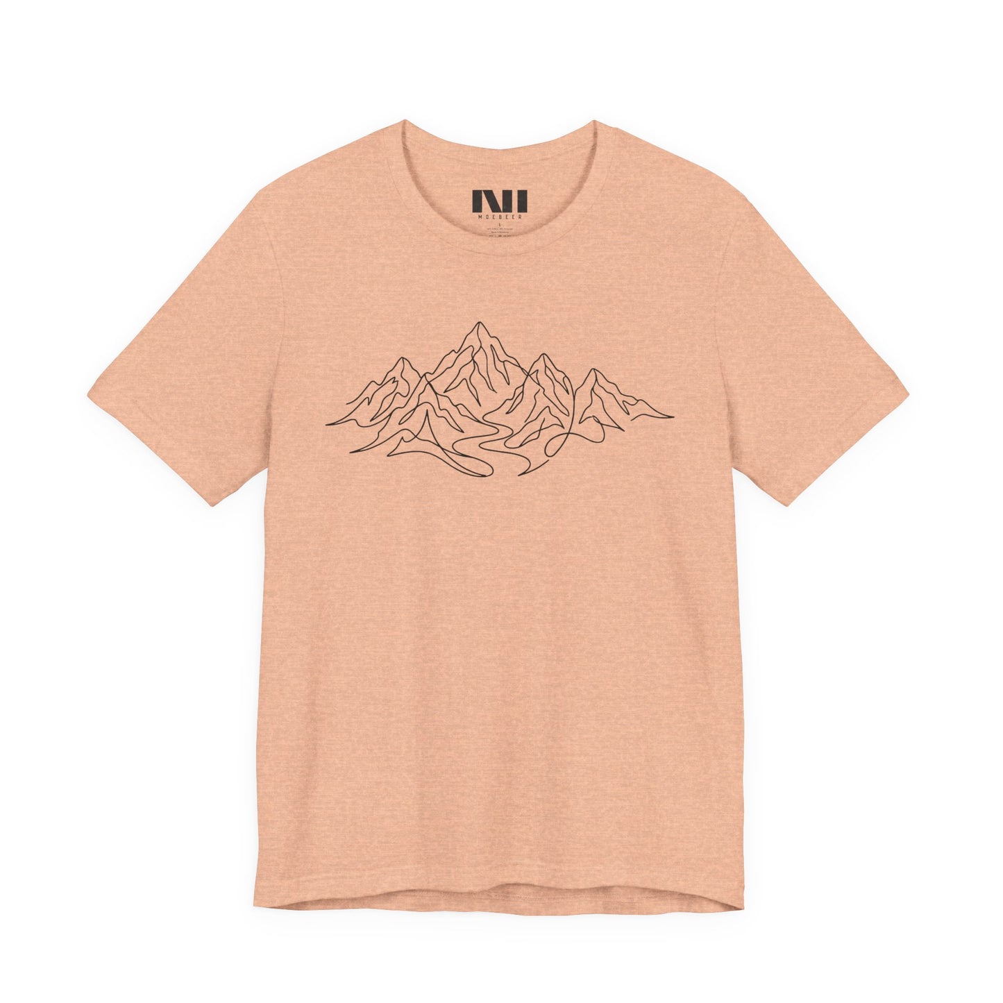 Peach heathered graphic t-shirt featuring a minimalist white continuous line art design of a mountain range, moebeer tees #Heather Peach