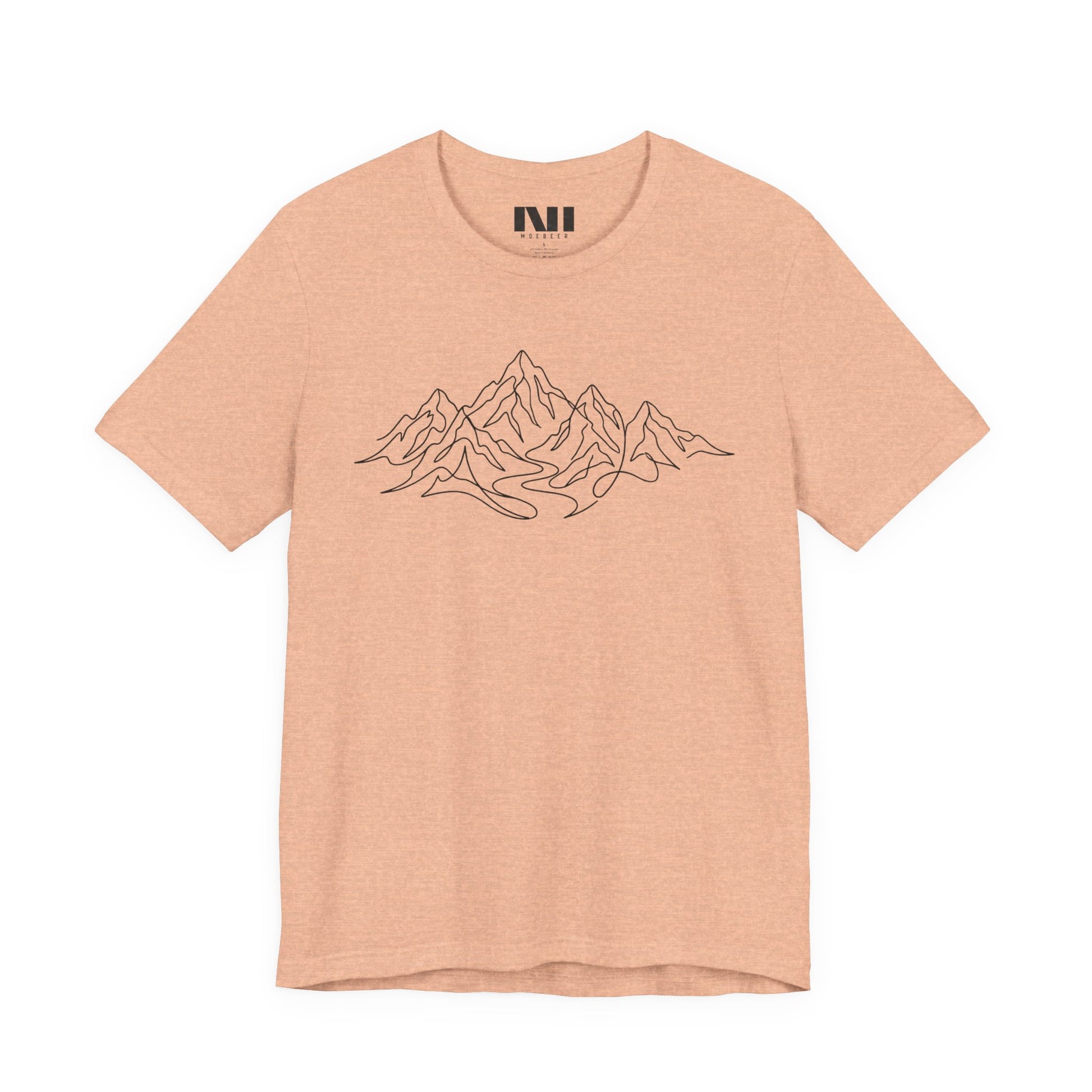 Peach heathered graphic t-shirt featuring a minimalist white continuous line art design of a mountain range, moebeer tees #Heather Peach