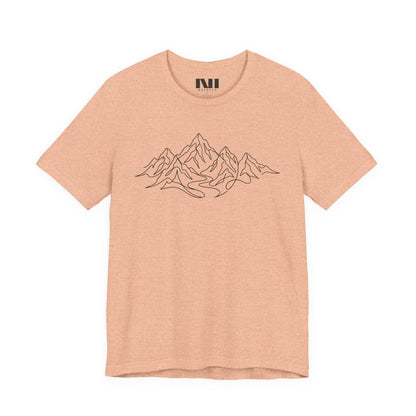 Peach heathered graphic t-shirt featuring a minimalist white continuous line art design of a mountain range, moebeer tees #Heather Peach