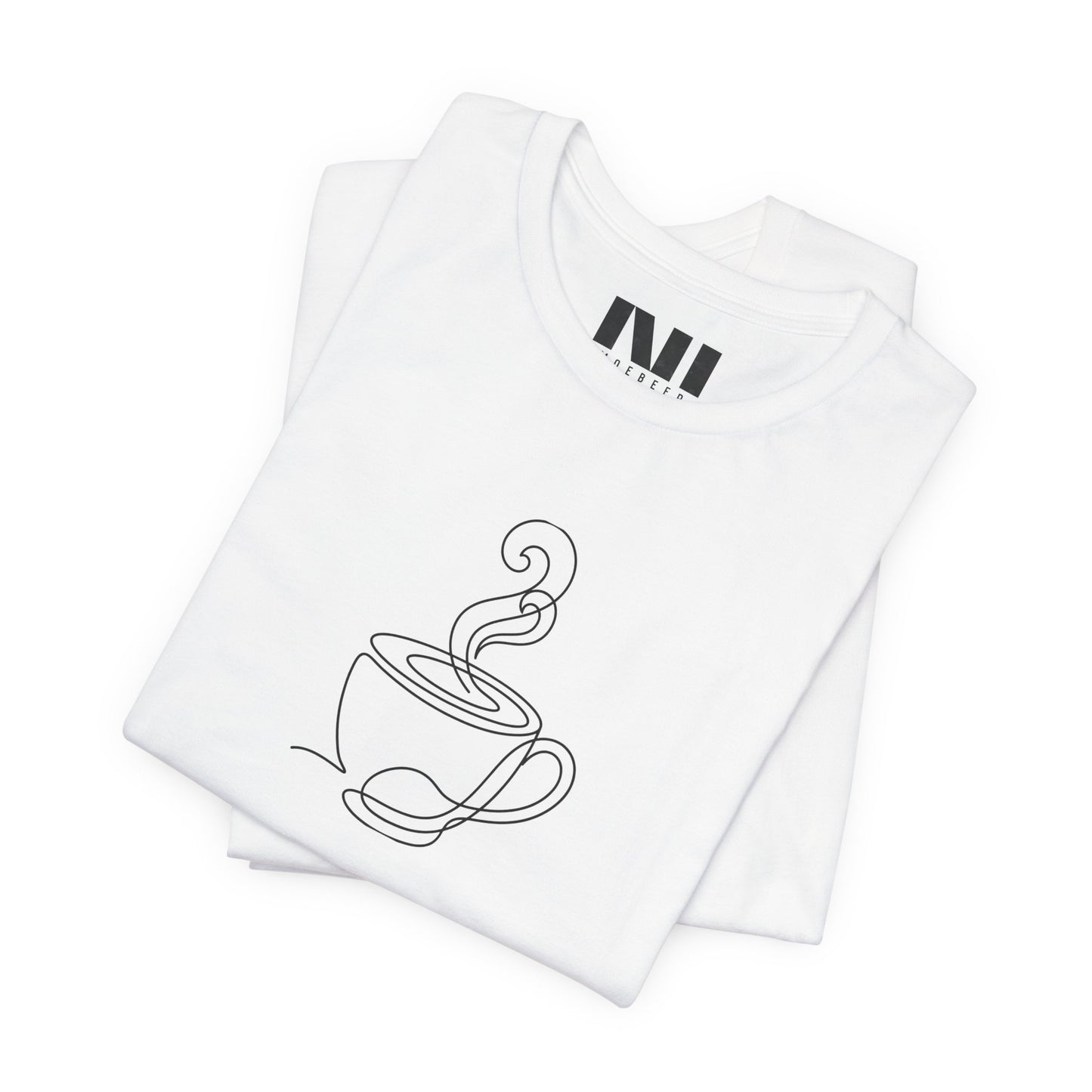 White graphic t-shirt featuring a minimalist black continuous line art design of a steaming coffee cup. moebeer tees #White