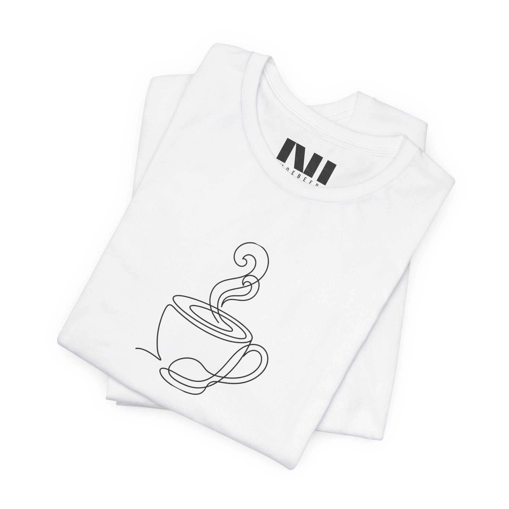 White graphic t-shirt featuring a minimalist black continuous line art design of a steaming coffee cup. moebeer tees #White