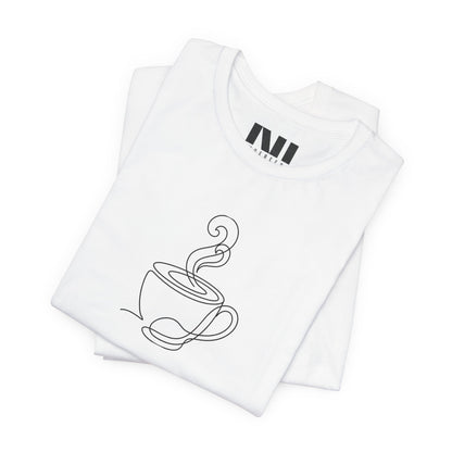 White graphic t-shirt featuring a minimalist black continuous line art design of a steaming coffee cup. moebeer tees #White