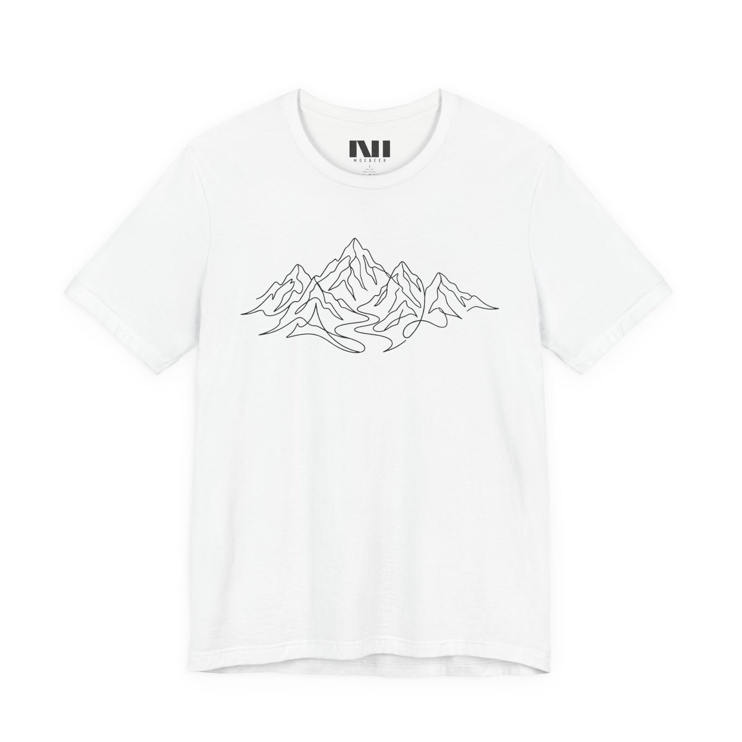white graphic t-shirt featuring a minimalist white continuous line art design of a mountain range, moebeer tees #White