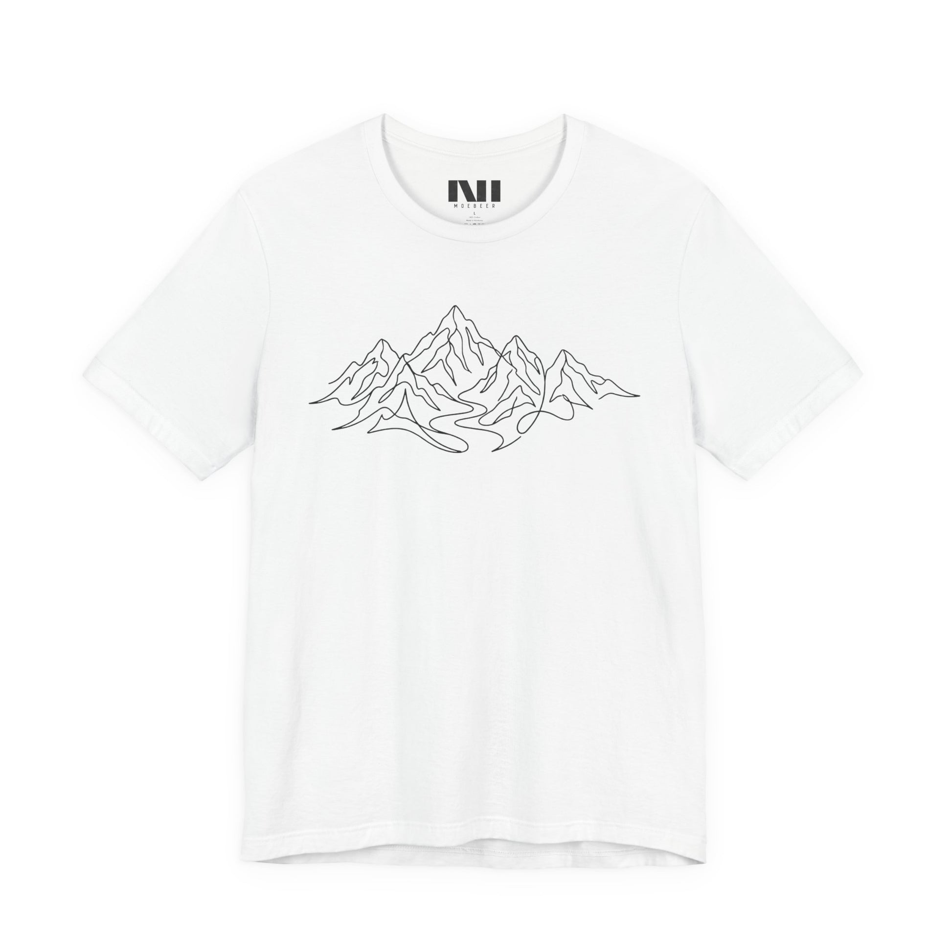 white graphic t-shirt featuring a minimalist white continuous line art design of a mountain range, moebeer tees #White