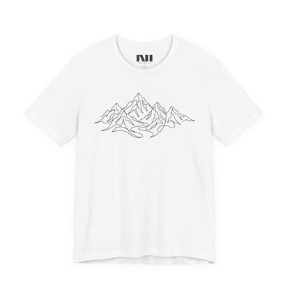 white graphic t-shirt featuring a minimalist white continuous line art design of a mountain range, moebeer tees #White