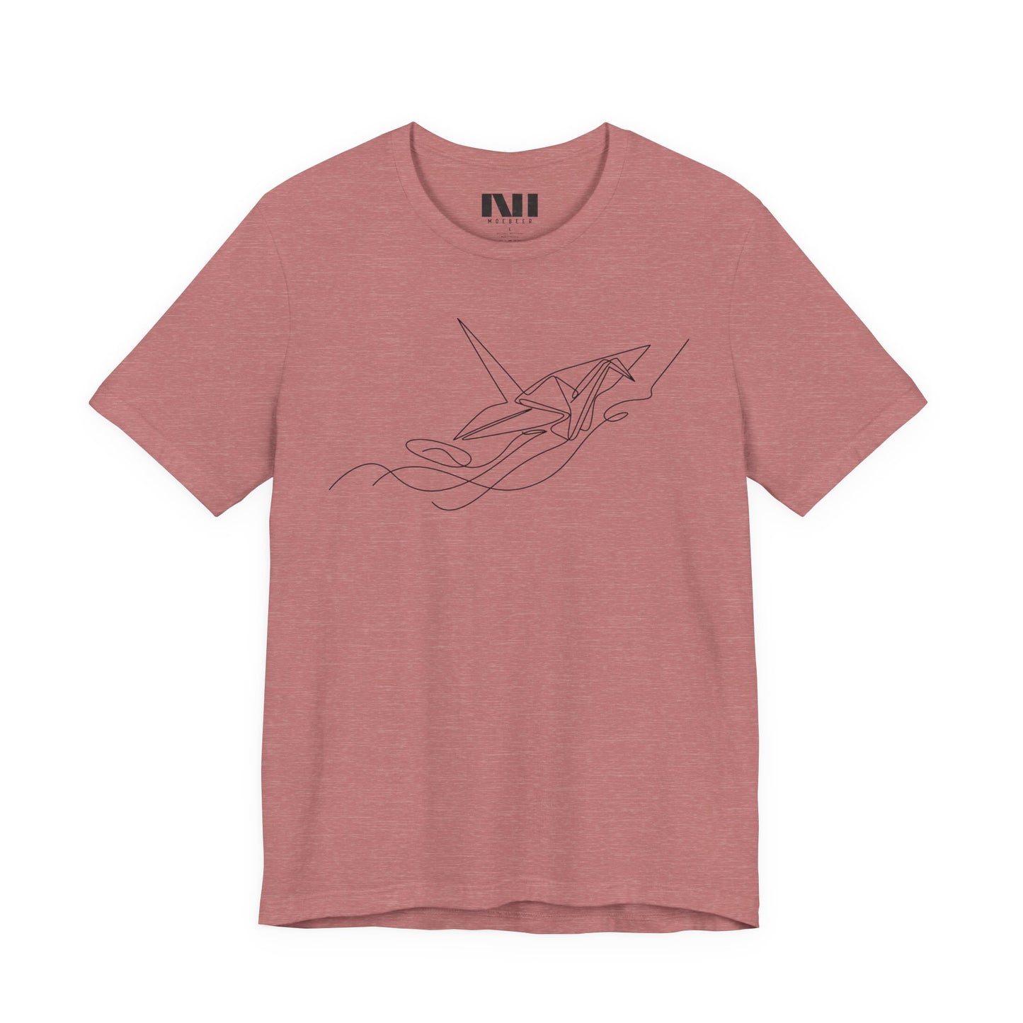 Heather Mauve color t-shirt featuring a black minimalist continuous line art design of an origami paper crane #Heather Mauve