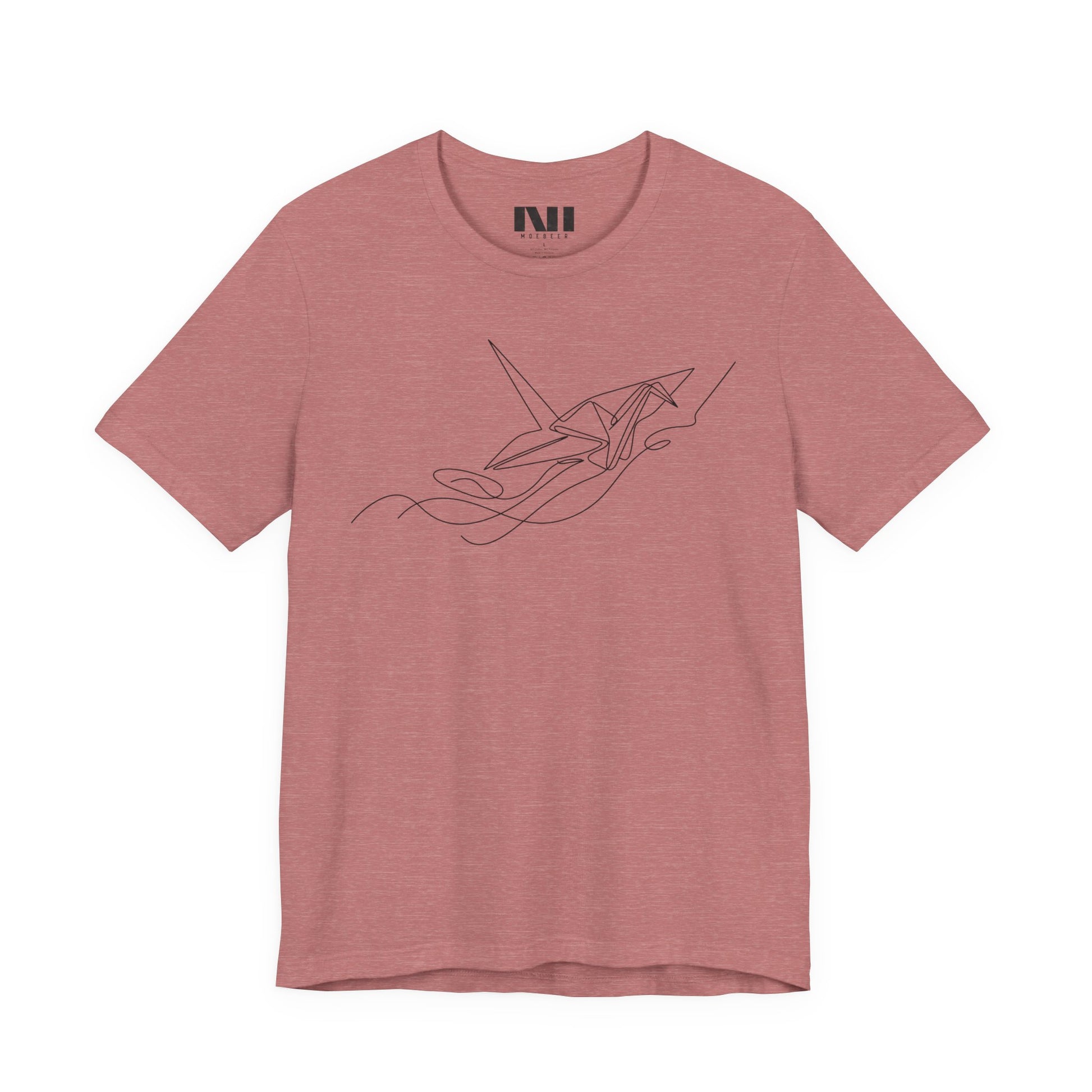 Heather Mauve color t-shirt featuring a black minimalist continuous line art design of an origami paper crane #Heather Mauve