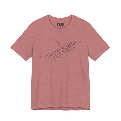 Heather Mauve color t-shirt featuring a black minimalist continuous line art design of an origami paper crane #Heather Mauve