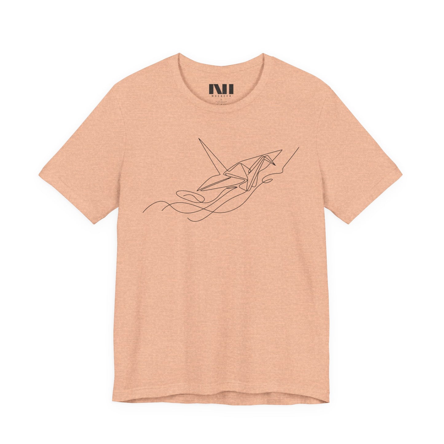 Heather Peach color t-shirt featuring a black minimalist continuous line art design of an origami paper crane, moebeer tees #Heather Peach