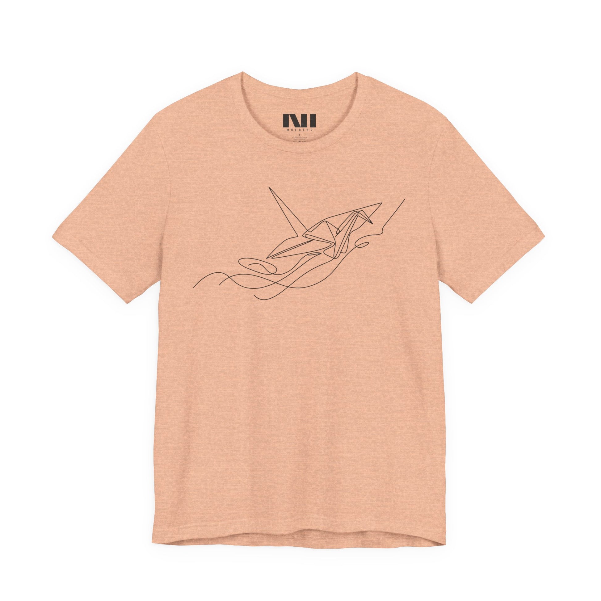 Heather Peach color t-shirt featuring a black minimalist continuous line art design of an origami paper crane, moebeer tees #Heather Peach