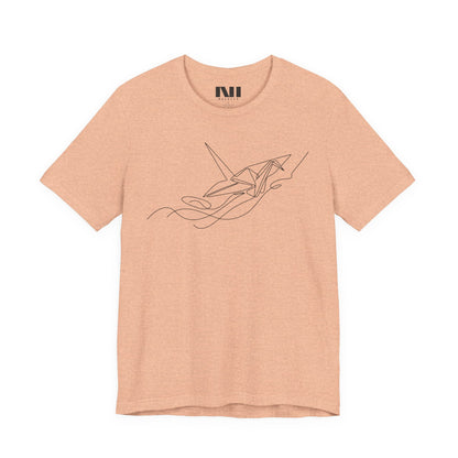 Heather Peach color t-shirt featuring a black minimalist continuous line art design of an origami paper crane, moebeer tees #Heather Peach