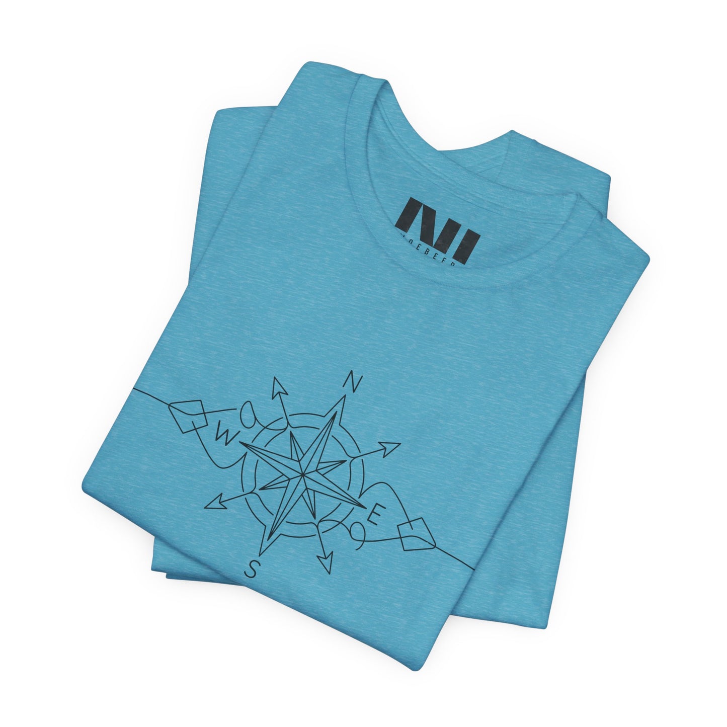 folded heather aqua color graphic t-shirt featuring a minimalist black line art compass rose design with cardinal direction markers. #Heather Aqua