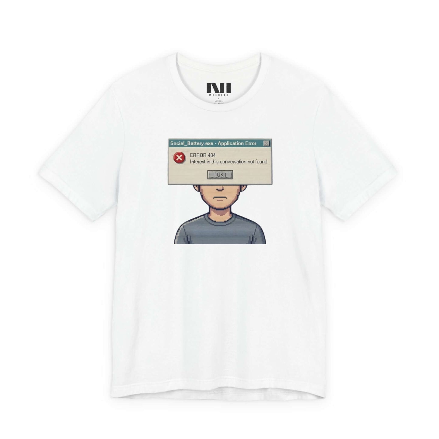 Moebeer crisp white soft cotton tee featuring a vintage-style tech error message "Interest Not Found" design #White