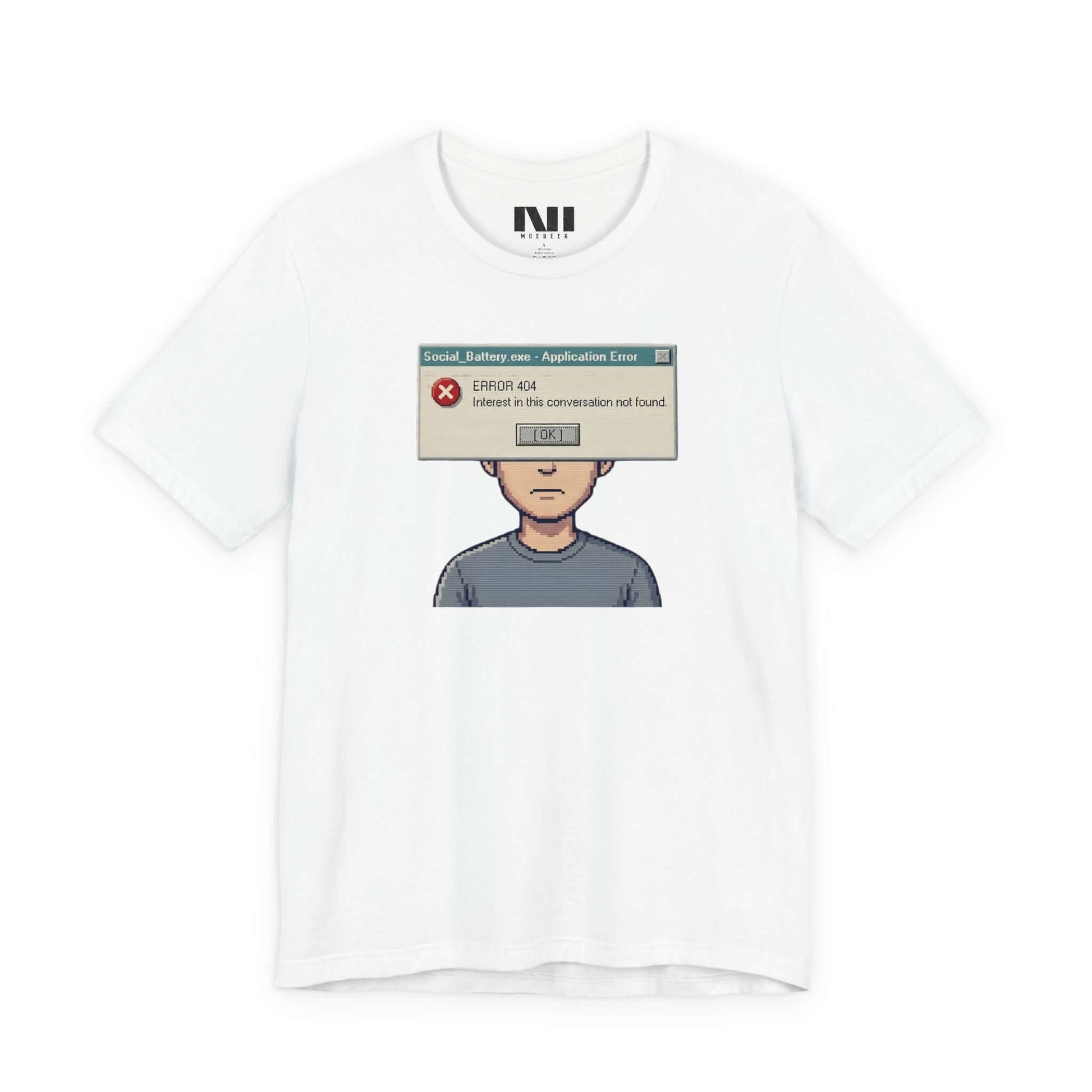 Moebeer crisp white soft cotton tee featuring a vintage-style tech error message "Interest Not Found" design #White