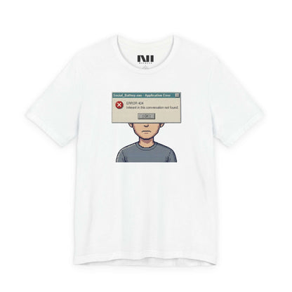 Moebeer crisp white soft cotton tee featuring a vintage-style tech error message "Interest Not Found" design #White