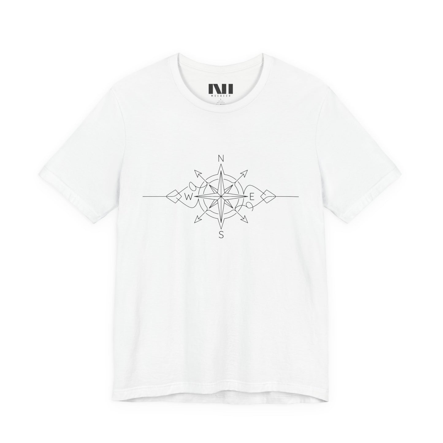 white color graphic t-shirt featuring a minimalist black line art compass rose design with cardinal direction markers. #White