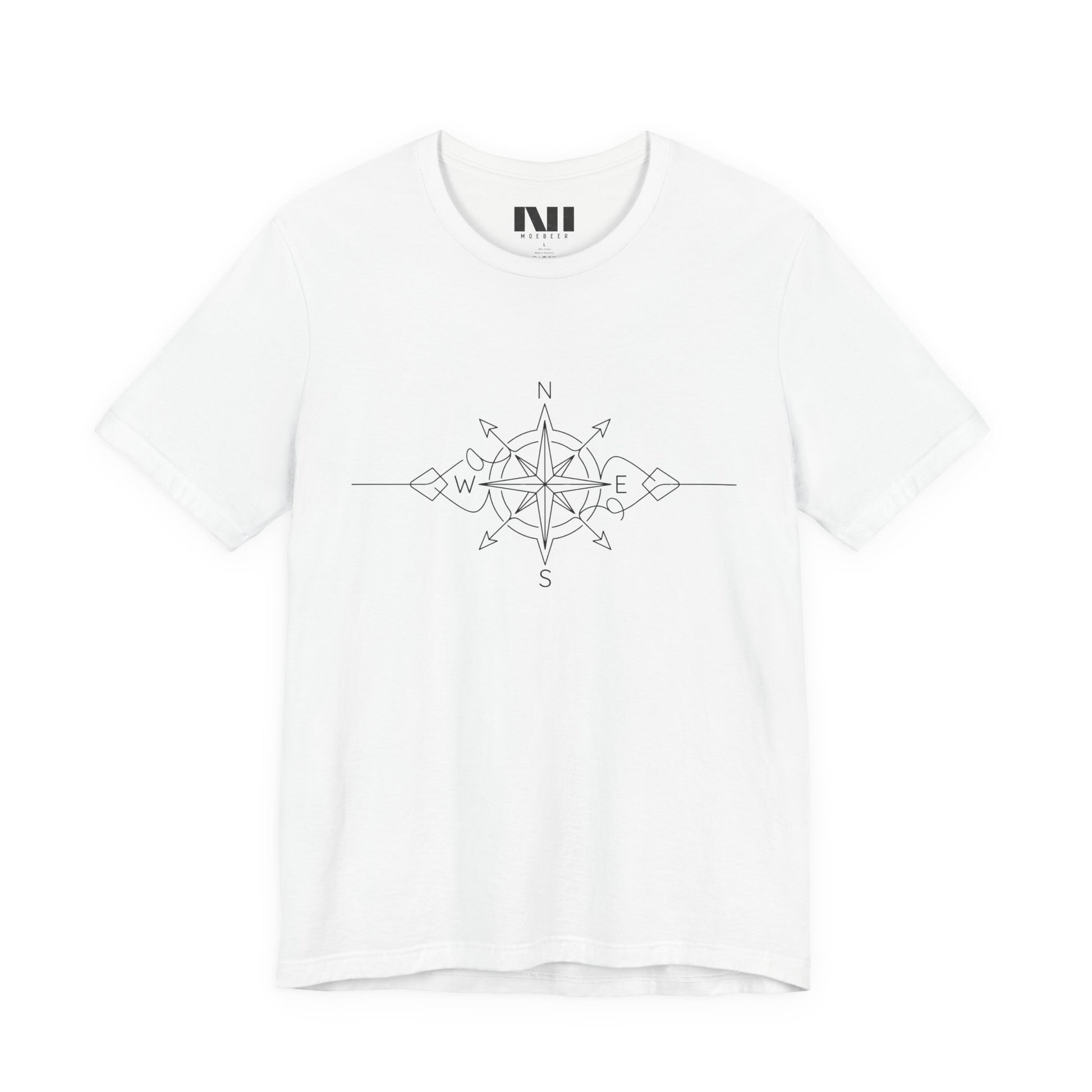 white color graphic t-shirt featuring a minimalist black line art compass rose design with cardinal direction markers. #White