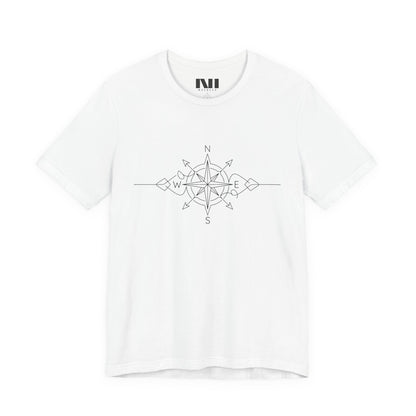white color graphic t-shirt featuring a minimalist black line art compass rose design with cardinal direction markers. #White