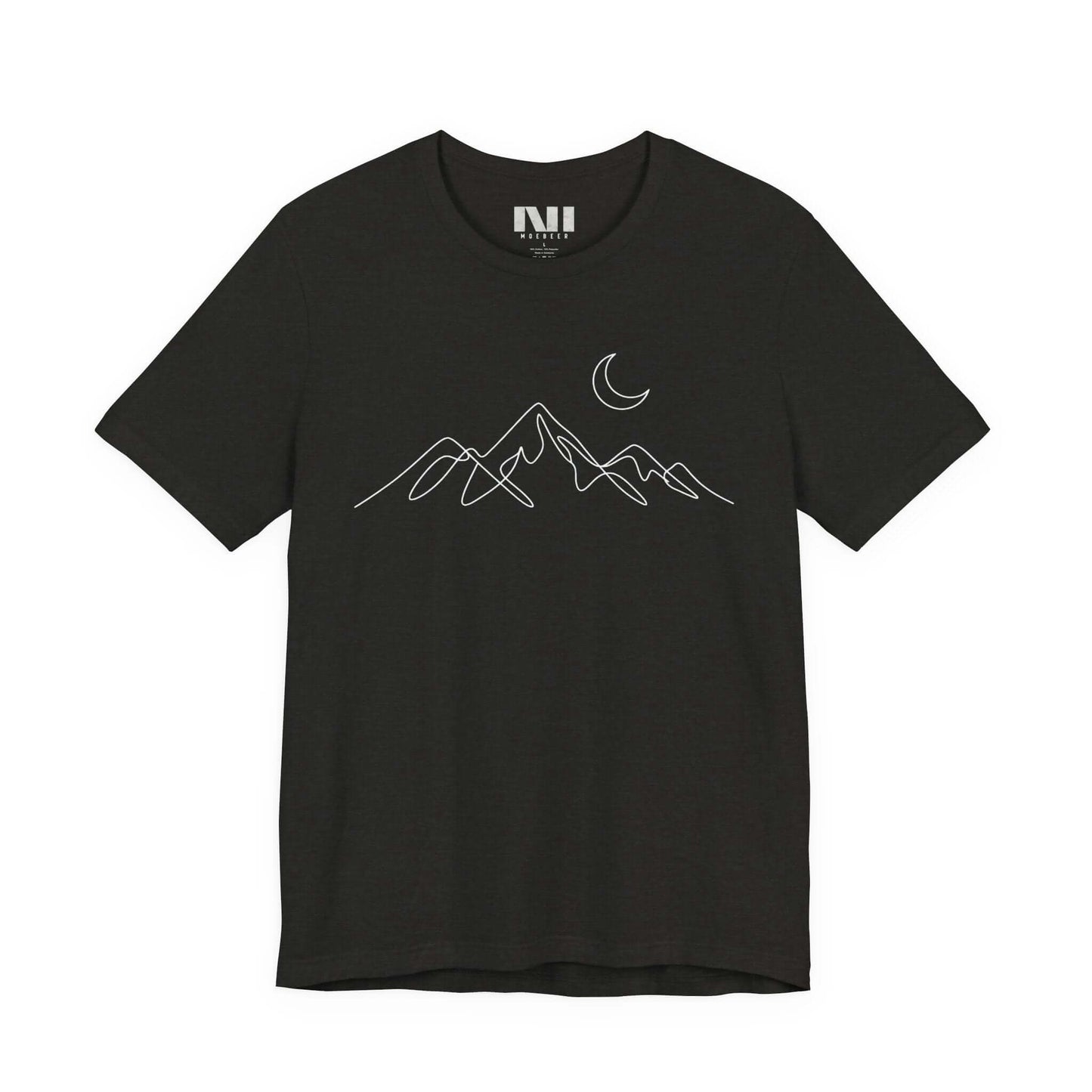 Black heathered graphic t-shirt featuring a minimalist white continuous line art design of a mountain range. MOEBEER tees #Black Heather