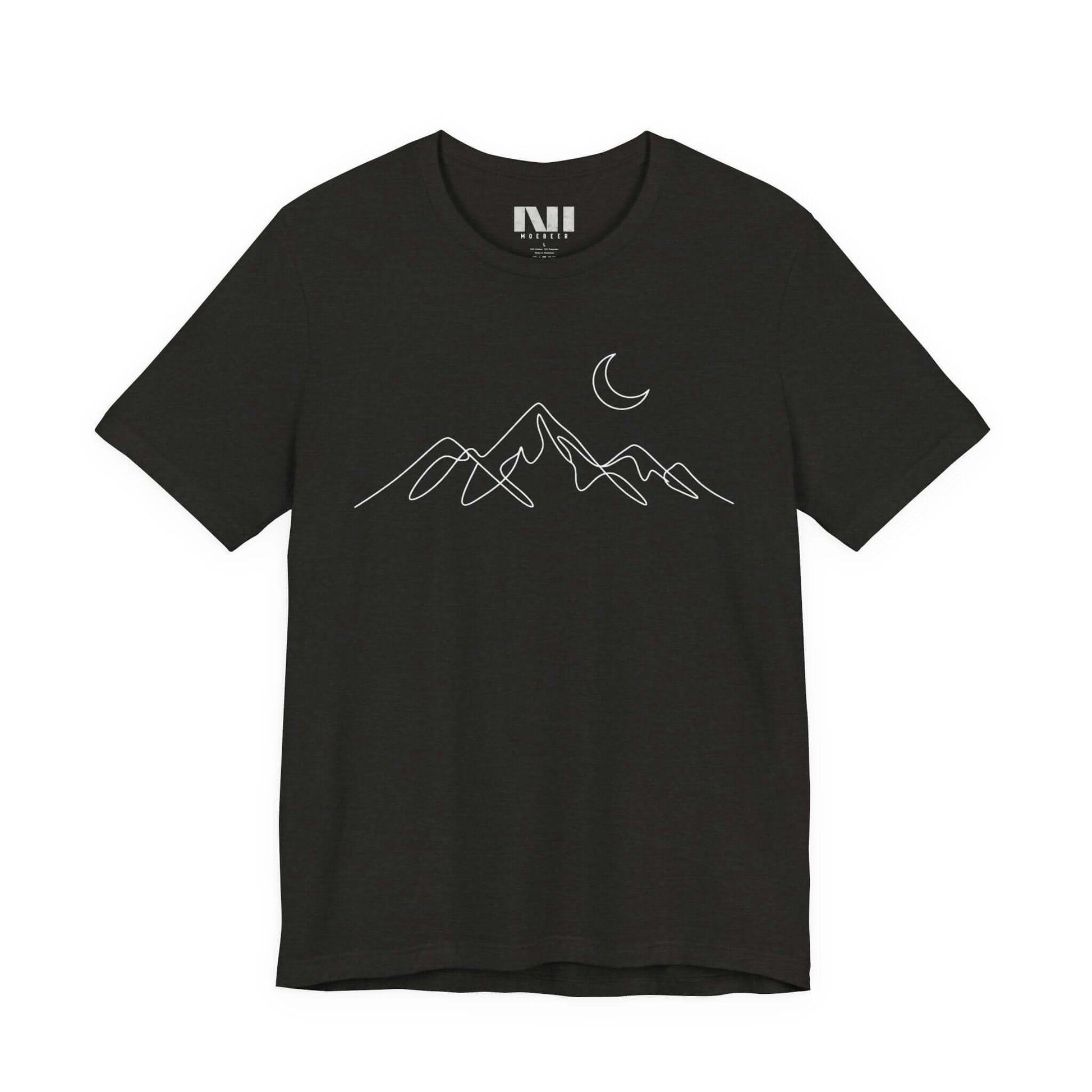 Black heathered graphic t-shirt featuring a minimalist white continuous line art design of a mountain range. MOEBEER tees #Black Heather