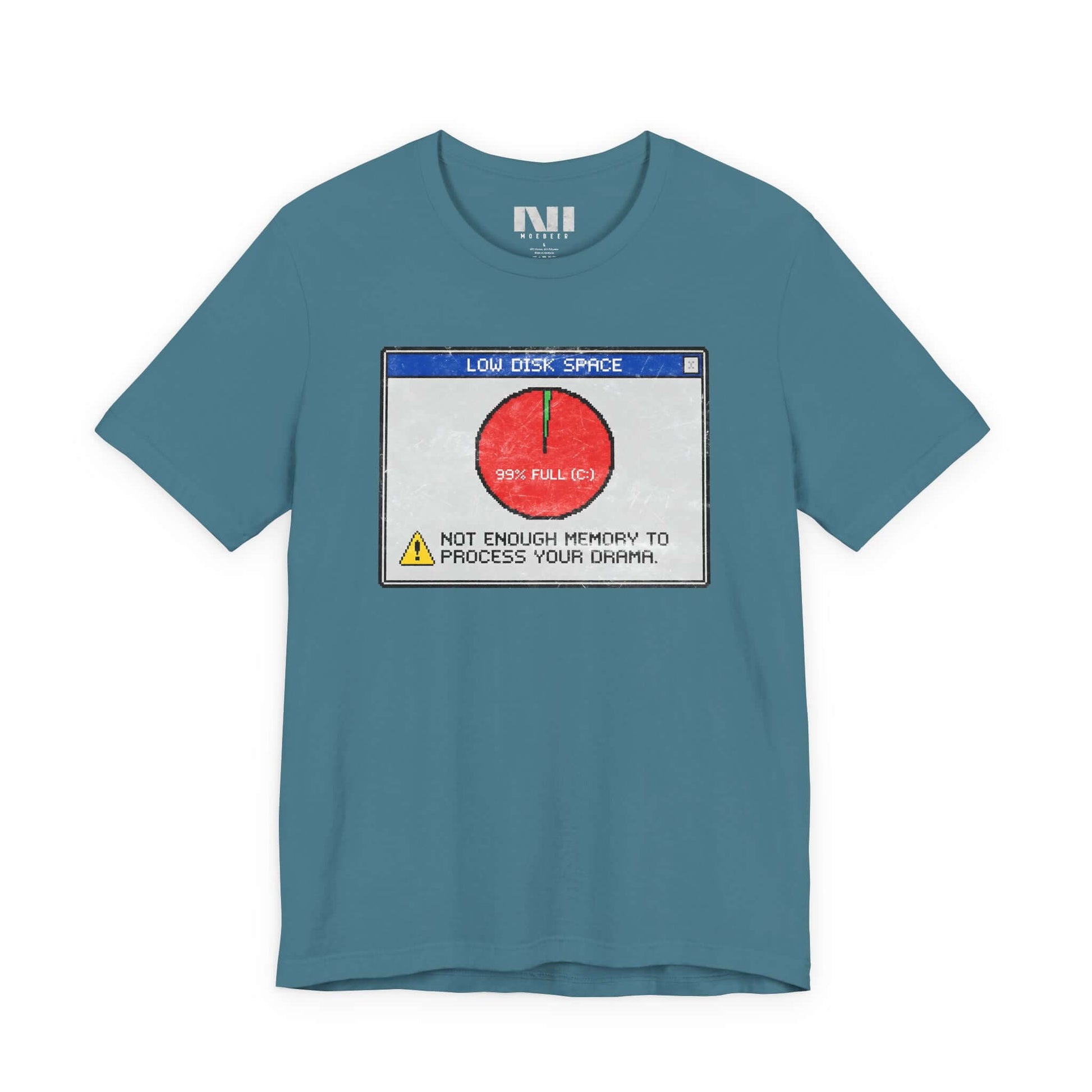 Heather deep Teal blue graphic t-shirt featuring a retro computer error message that reads "Not enough memory to process your drama" with a 99% full disk pie chart icon. #Heather Deep Teal