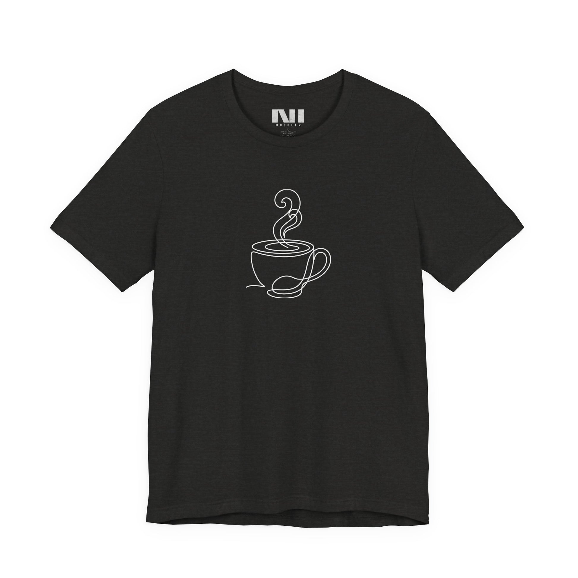 Heather Black graphic t-shirt featuring a minimalist black continuous line art design of a steaming coffee cup. moebeer tees #Black Heather