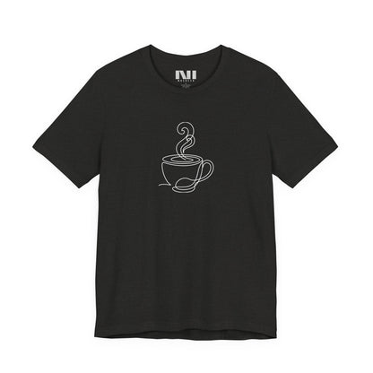 Heather Black graphic t-shirt featuring a minimalist black continuous line art design of a steaming coffee cup. moebeer tees #Black Heather