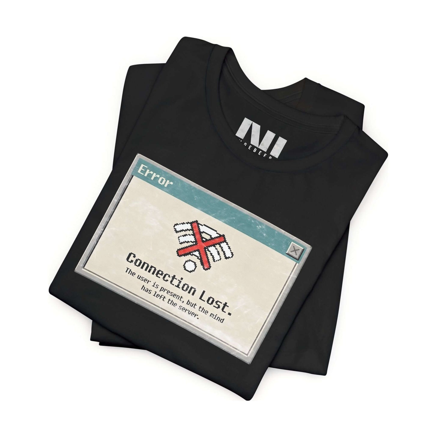 Moebeer premium black t-shirt with a retro 90s-style "Connection Lost" system error dialogue box graphic #Black