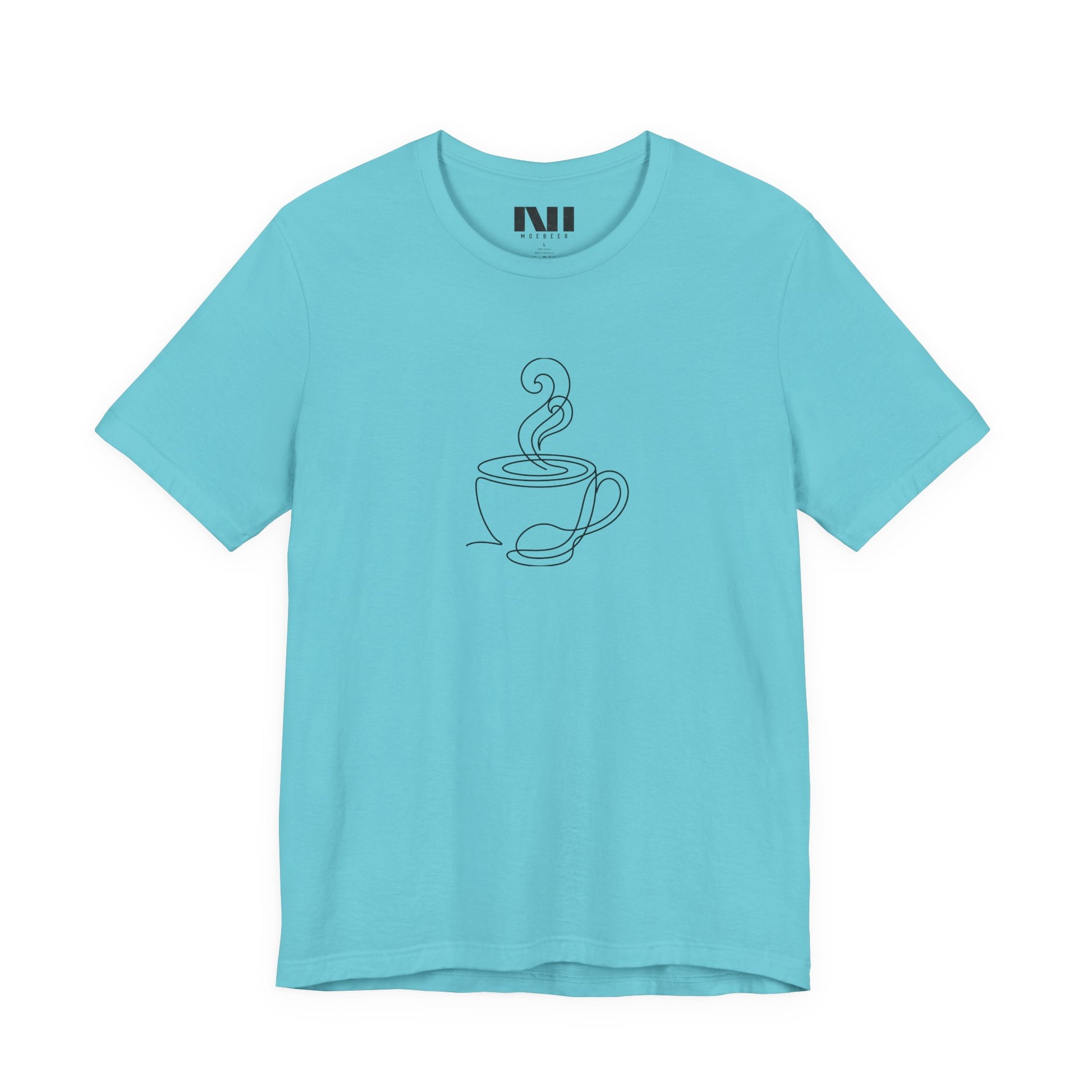 Turquoise graphic t-shirt featuring a minimalist black continuous line art design of a steaming coffee cup. moebeer tees #Turquoise 