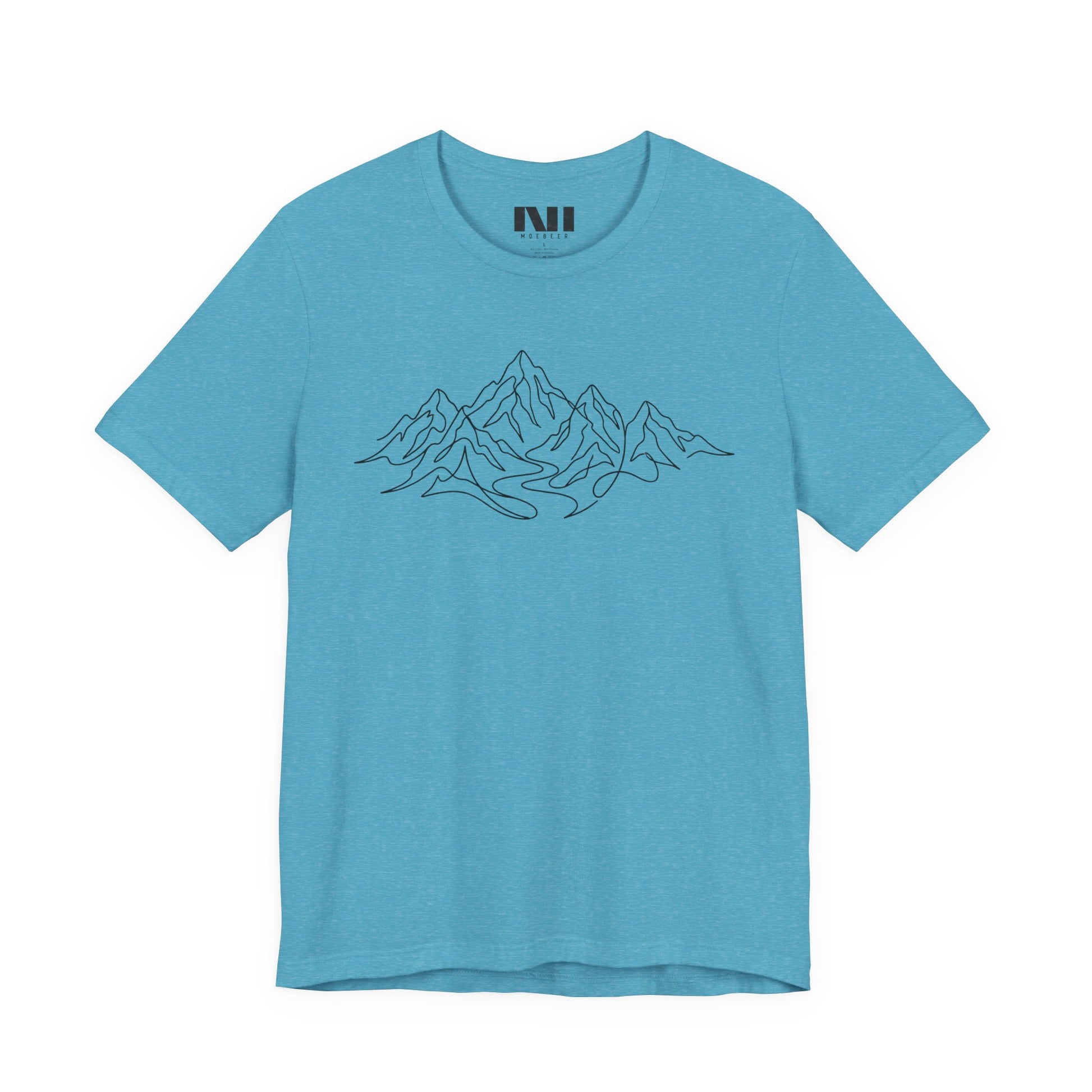 Aqua heathered graphic t-shirt featuring a minimalist white continuous line art design of a mountain range, moebeer tees #Heather Aqua