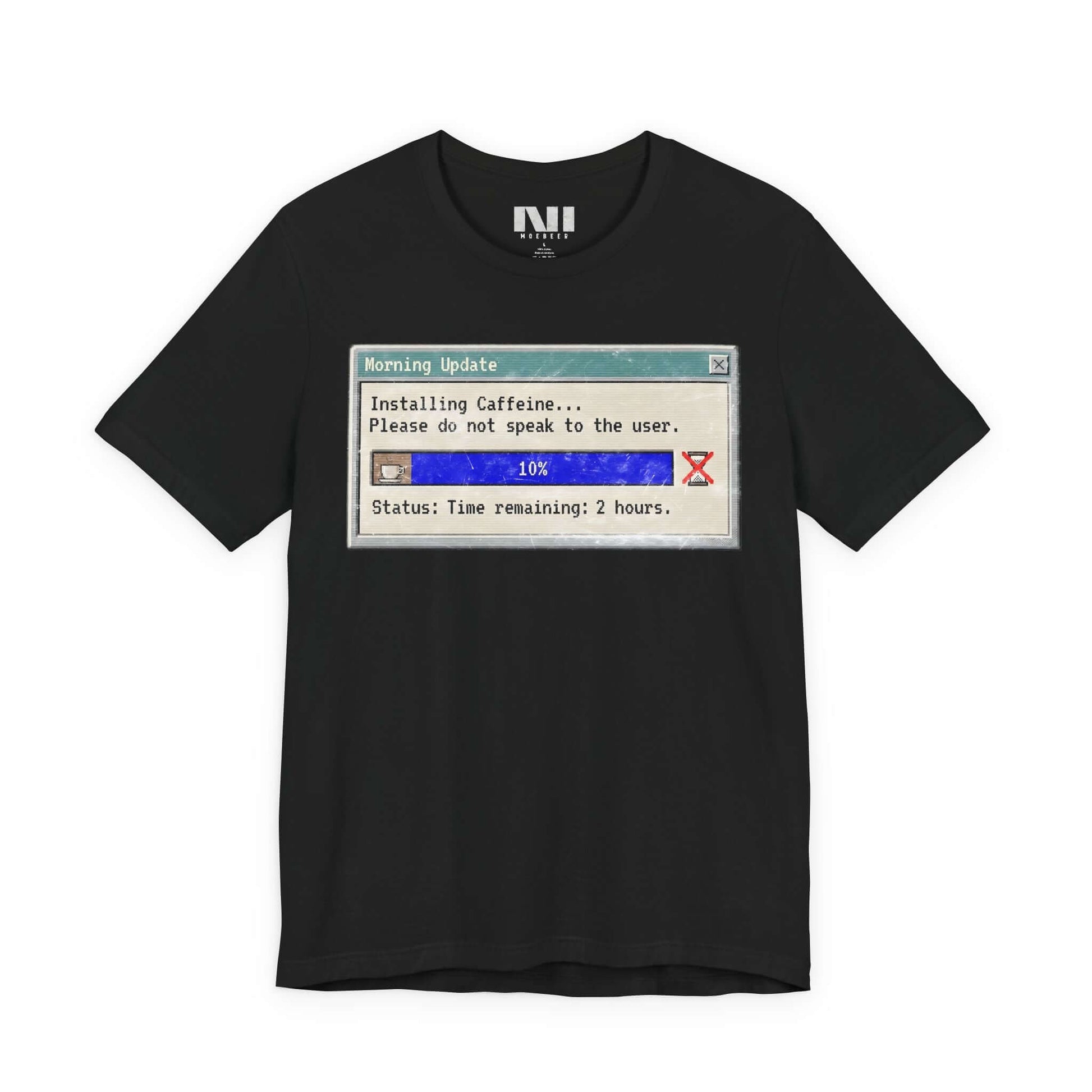Black graphic t-shirt featuring a retro computer "Morning Update" progress bar design with the text "Installing Caffeine... Please do not speak to the user." #Black