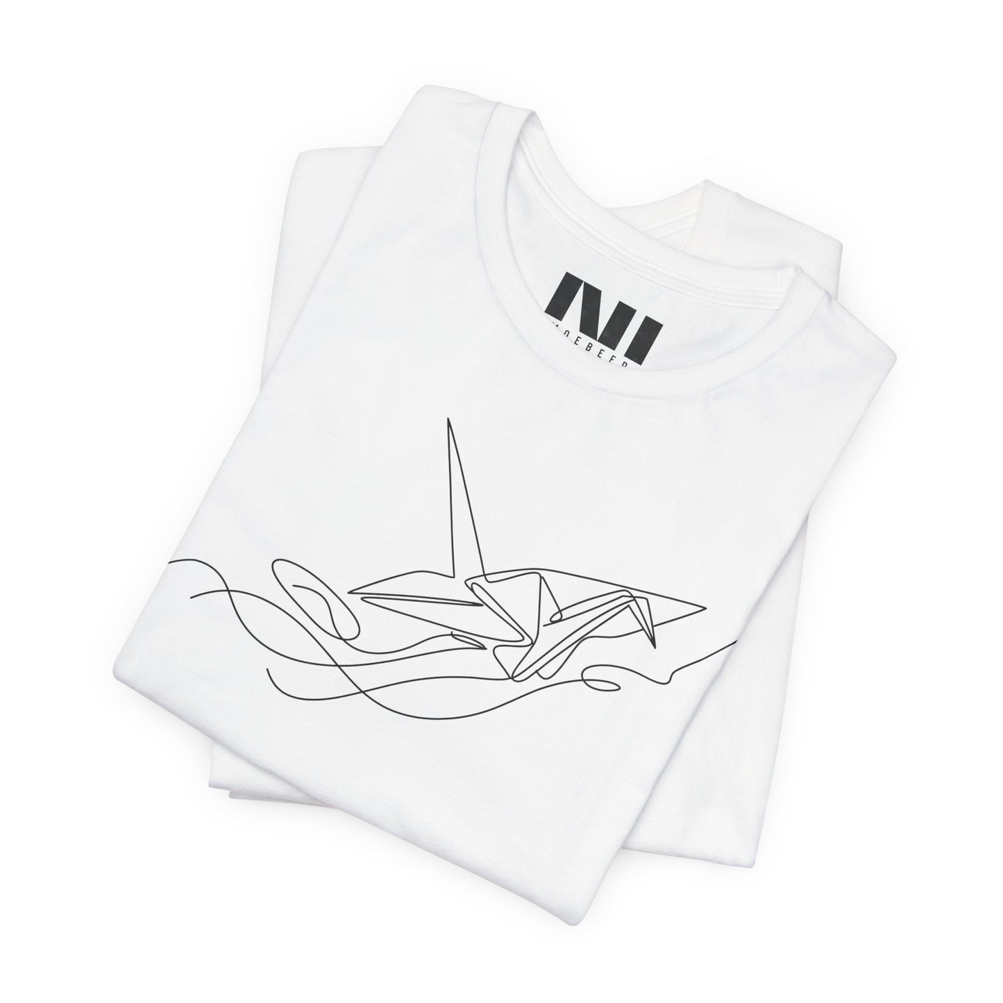 White folded white color t-shirt featuring a black minimalist continuous line art design of an origami paper crane. #White