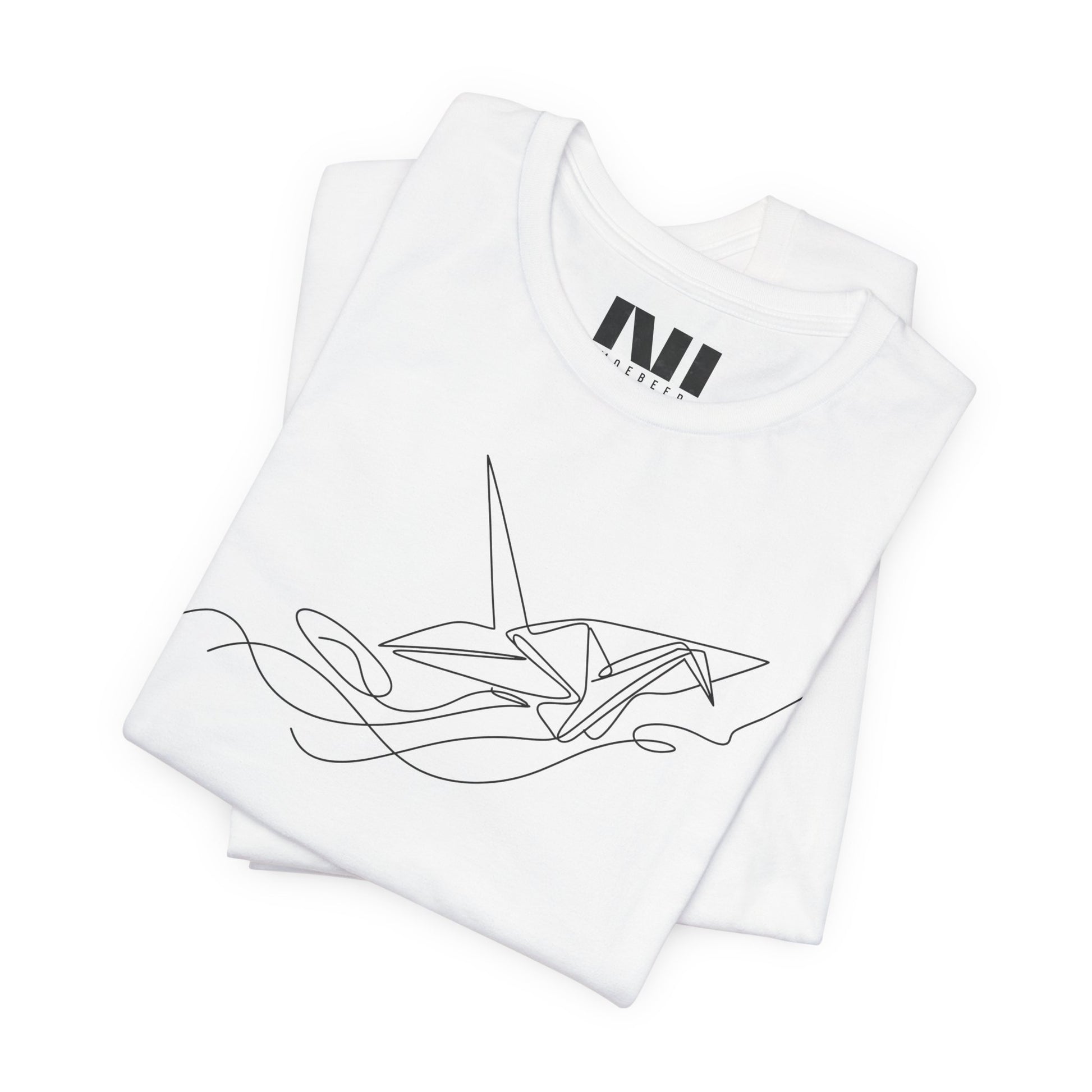 White folded white color t-shirt featuring a black minimalist continuous line art design of an origami paper crane. #White