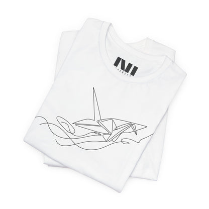 White folded white color t-shirt featuring a black minimalist continuous line art design of an origami paper crane. #White