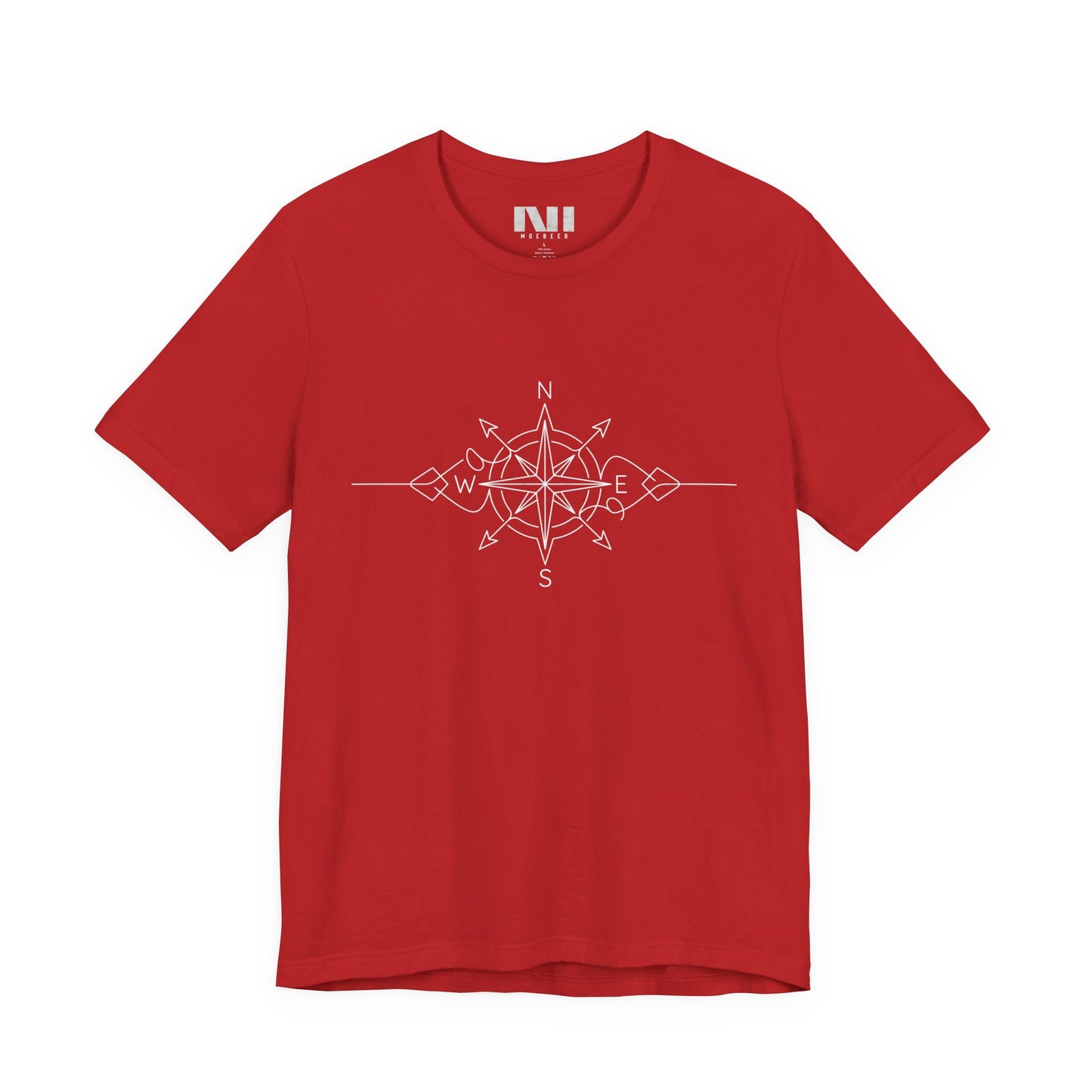 red color graphic t-shirt featuring a minimalist white line art compass rose design with cardinal direction markers. #Red