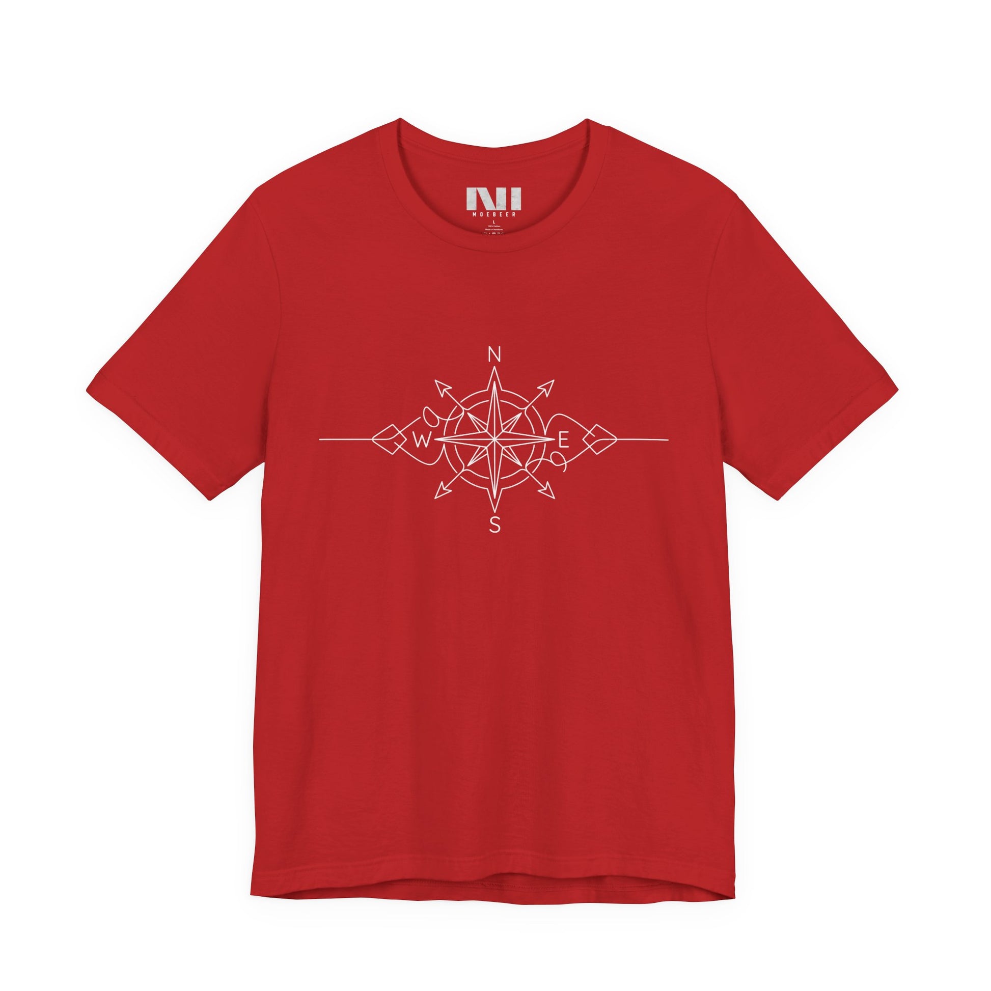 red color graphic t-shirt featuring a minimalist white line art compass rose design with cardinal direction markers. #Red