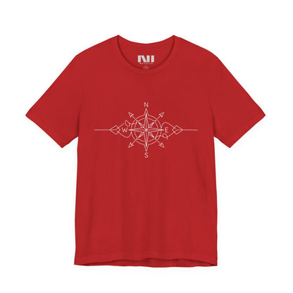 red color graphic t-shirt featuring a minimalist white line art compass rose design with cardinal direction markers. #Red