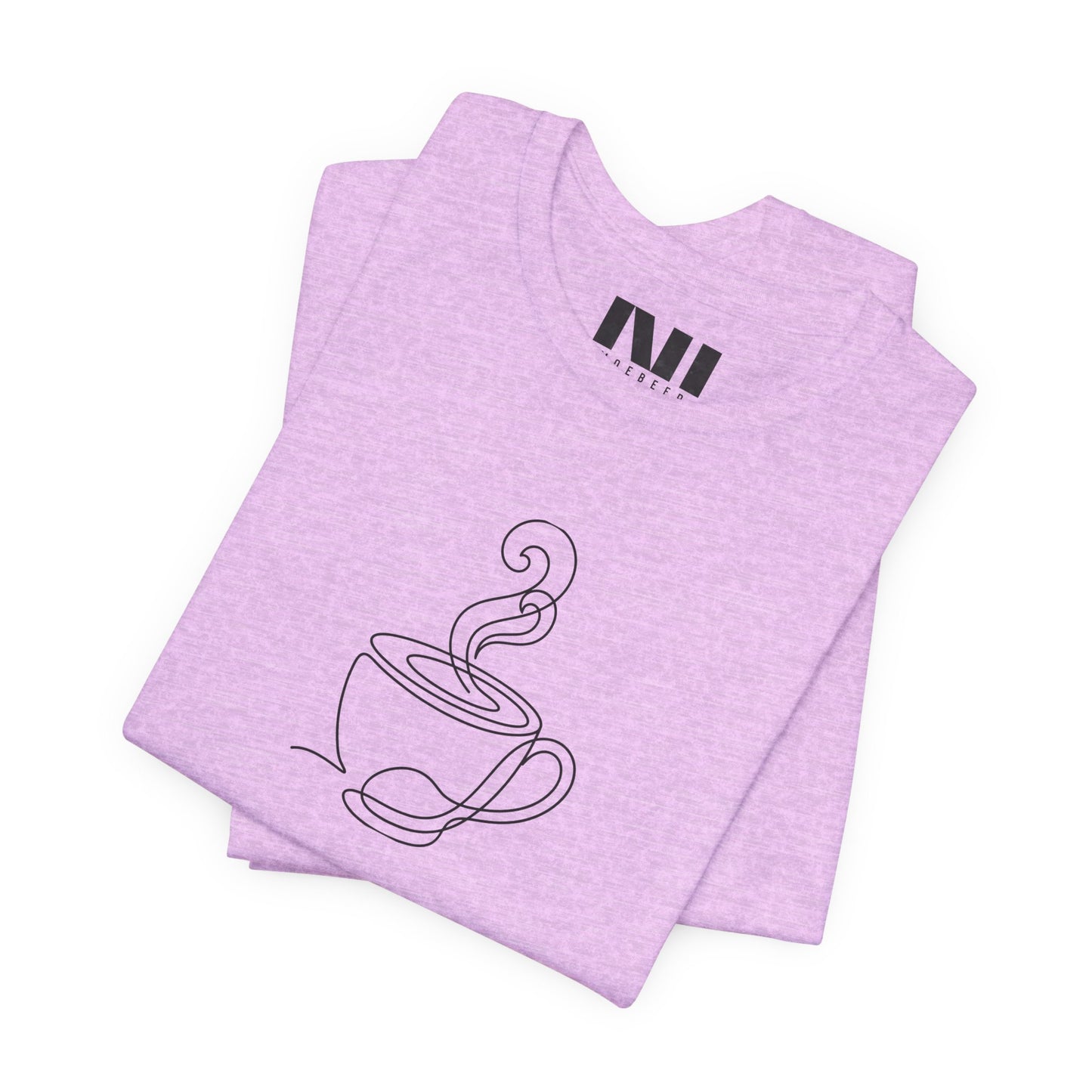 Heather Prism Lilac graphic t-shirt featuring a minimalist black continuous line art design of a steaming coffee cup. moebeer tees #Heather Prism Lilac