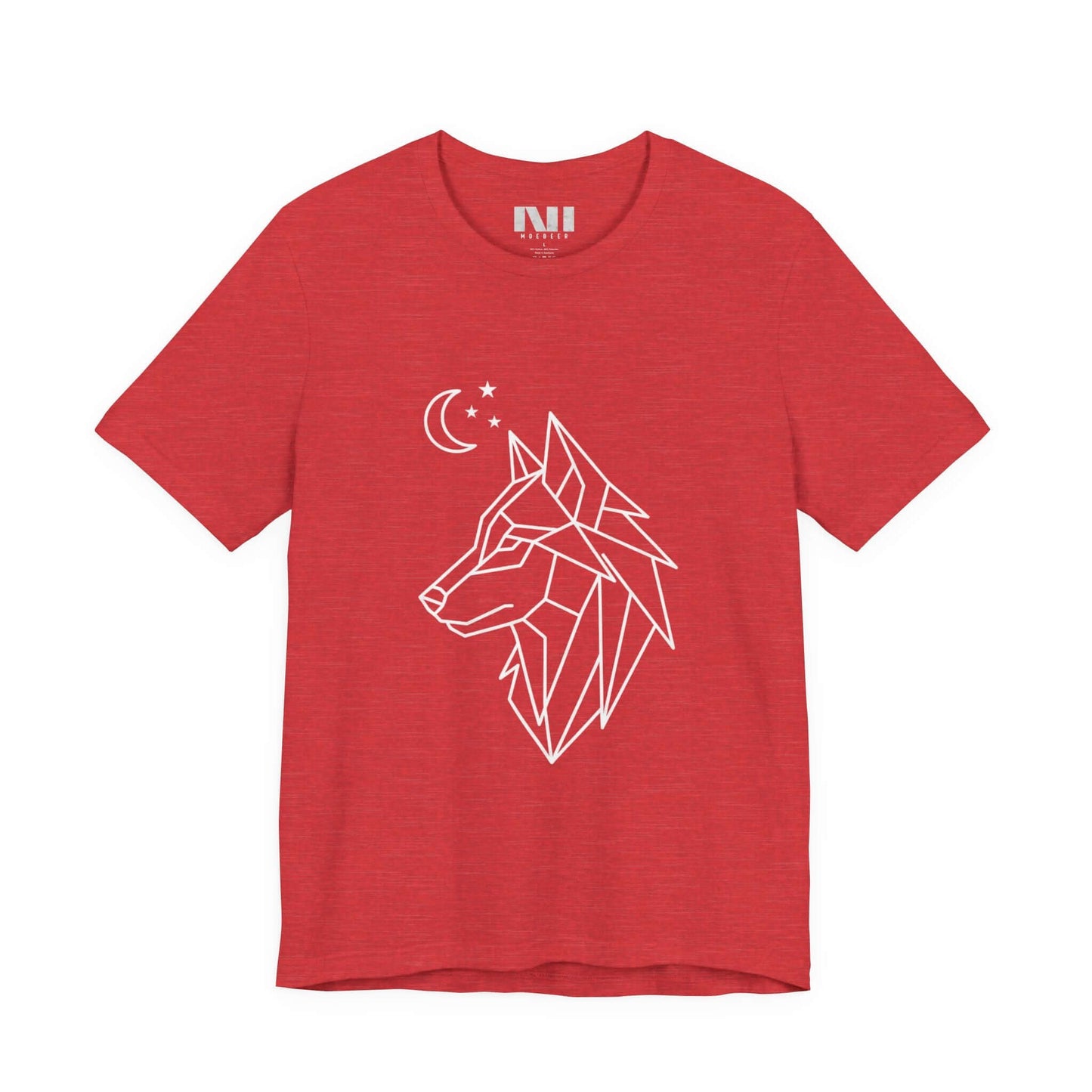 Red Heathered graphic t-shirt featuring a minimalist white geometric line art design of a wolf head in profile with a crescent moon and stars. MOEBEER tees  #Heather Red