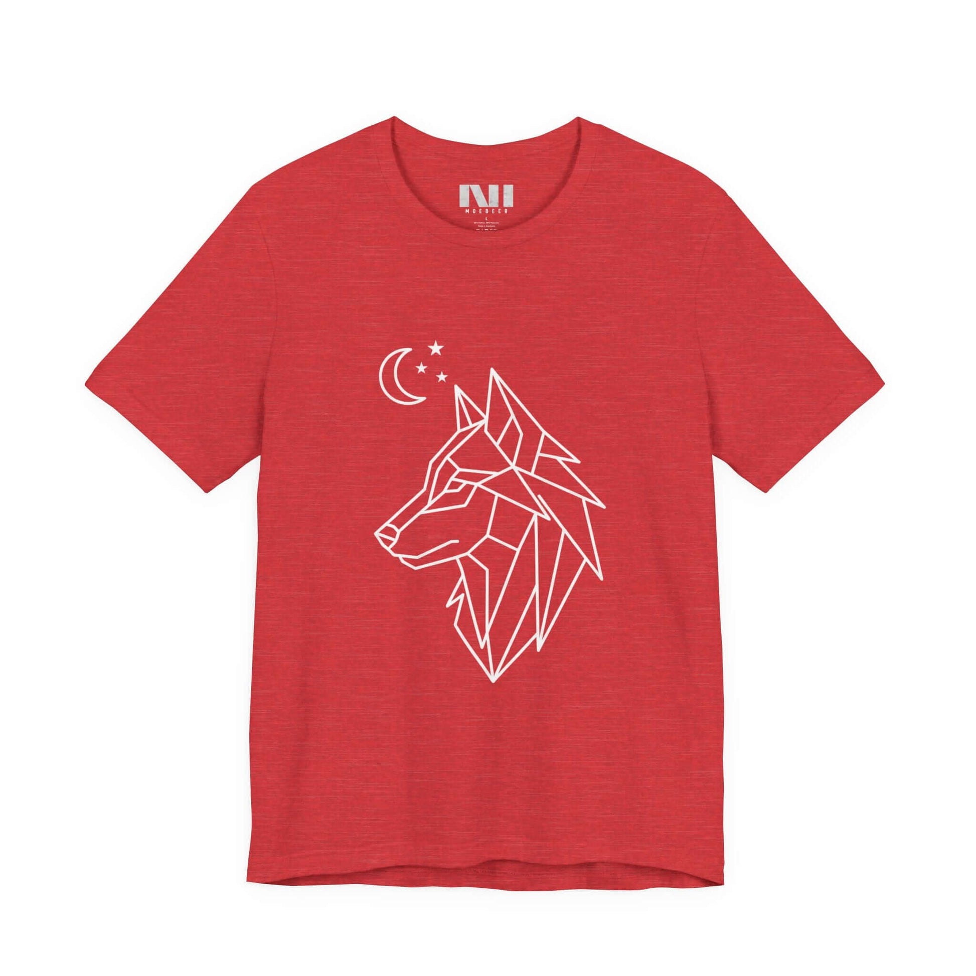 Red Heathered graphic t-shirt featuring a minimalist white geometric line art design of a wolf head in profile with a crescent moon and stars. MOEBEER tees  #Heather Red